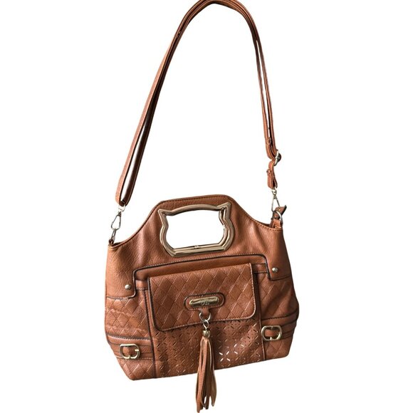 OOH Brown Multi Way Handbag Gold Cat Cutout Handle Perforated Faux Leather - Picture 1 of 8